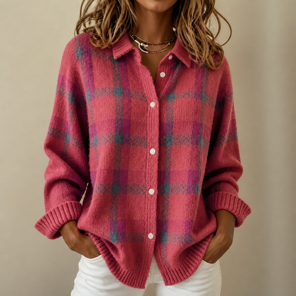 Cardigan Donna in Maglia a Quadri con Colletto Camicia