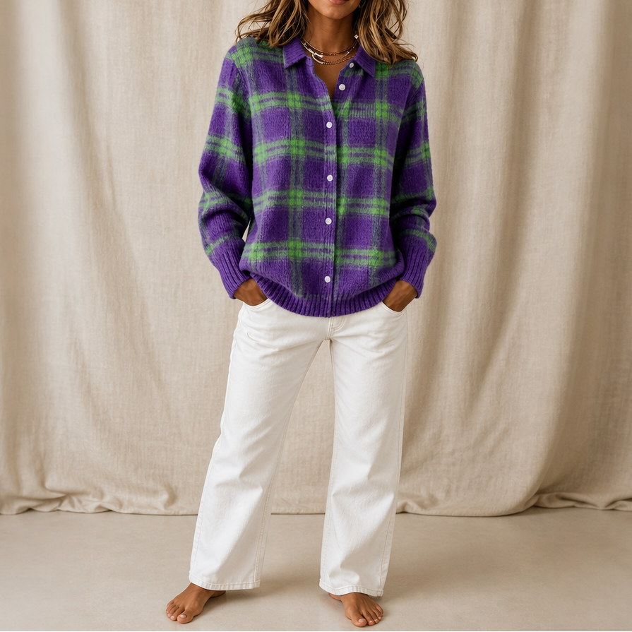 Cardigan Donna in Maglia a Quadri con Colletto Camicia
