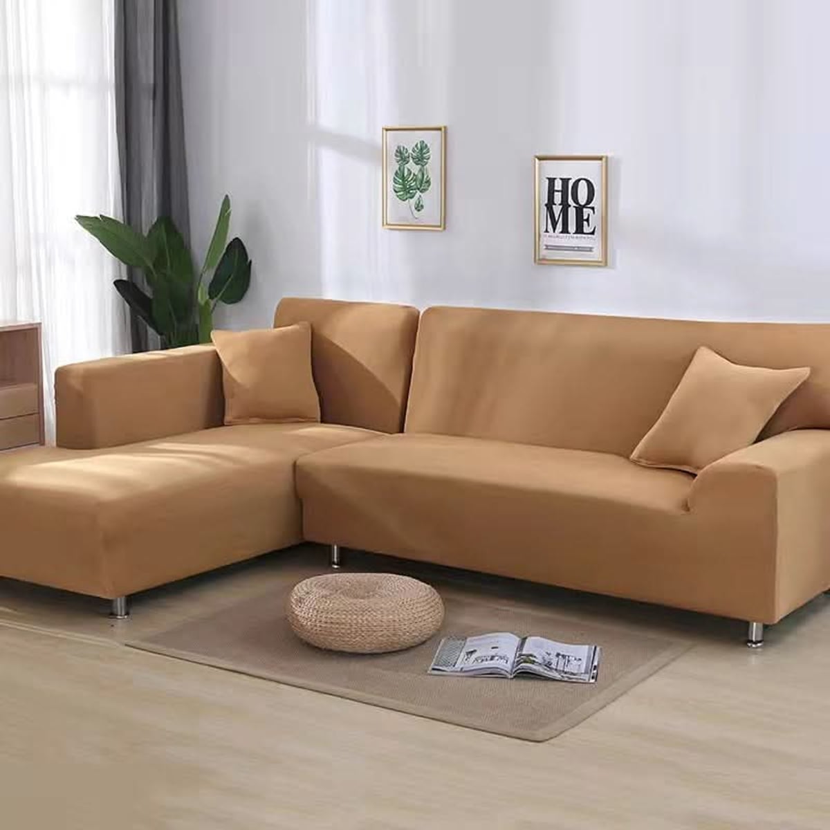 stretch corner sofa cover in camel