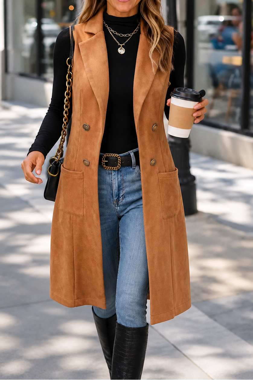 Gilet Lungo Donna Senza Maniche Aperto Davanti