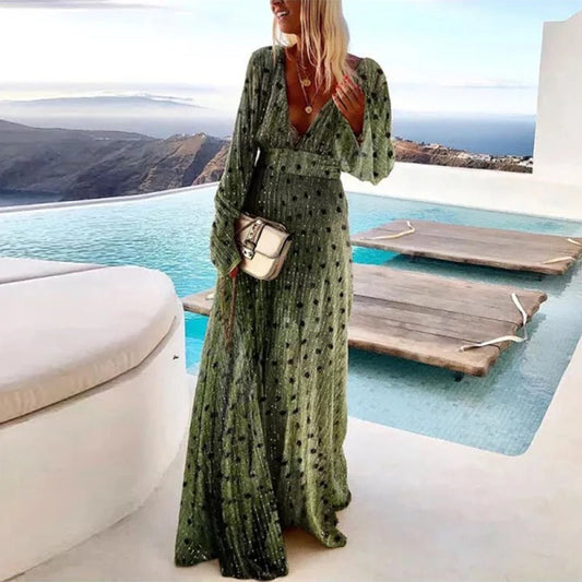 Abito Lungo Donna Scollo a V Maniche Lunghe - Vestito Elegante da Sera