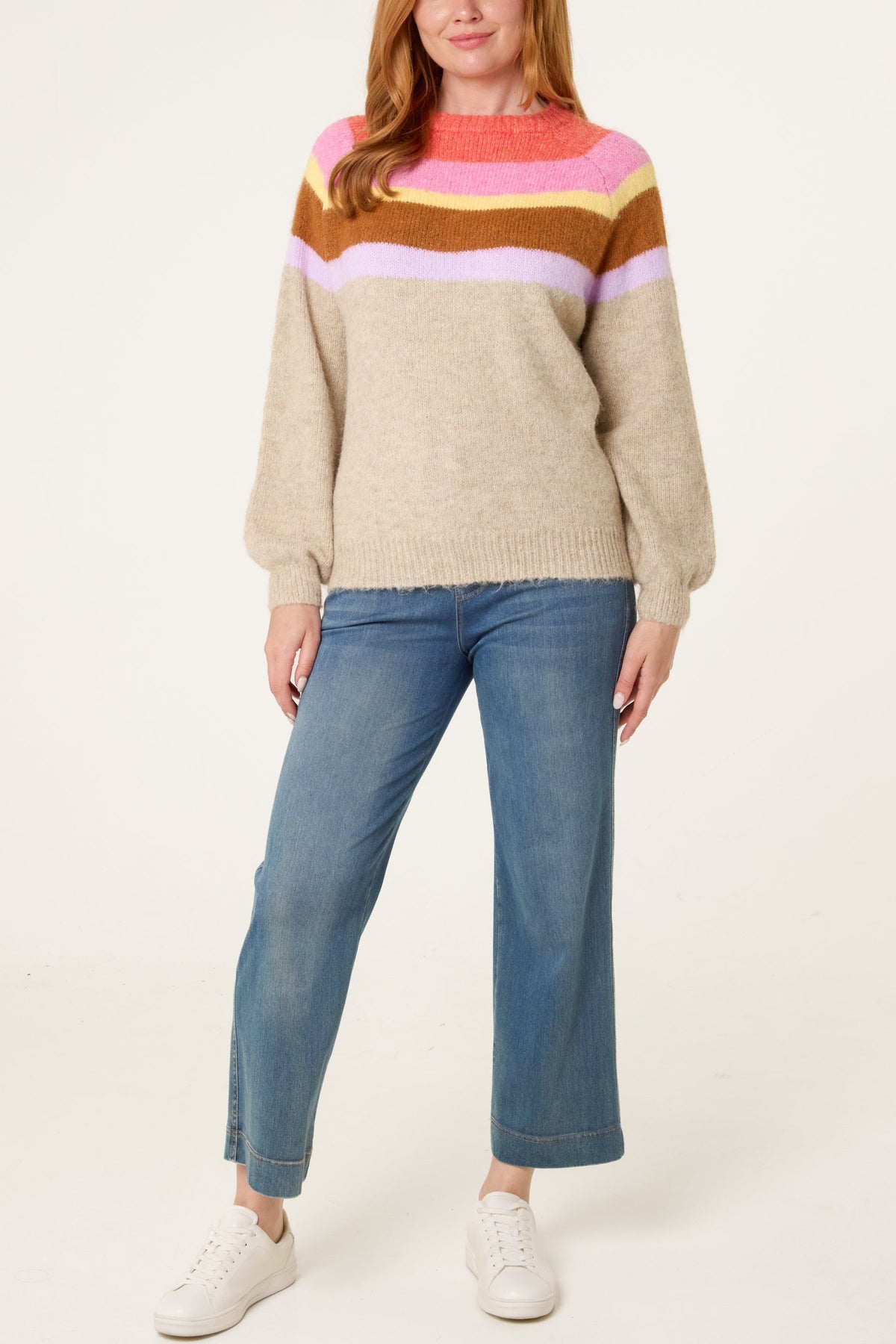 Maglione Donna a Righe Multicolor con Maniche a Palloncino