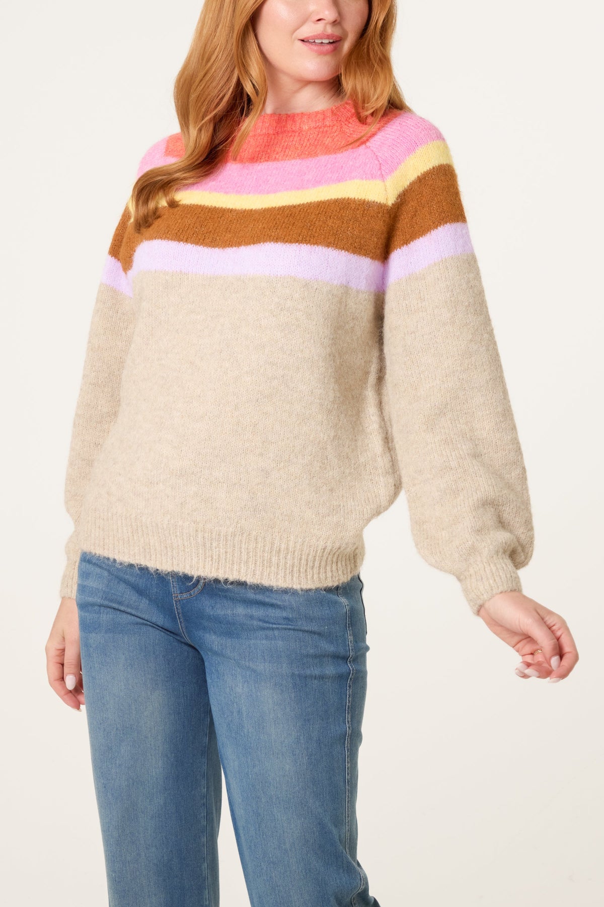 Maglione Donna a Righe Multicolor con Maniche a Palloncino