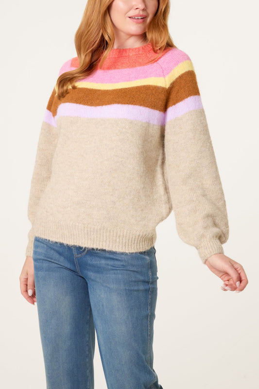 Maglione Donna a Righe Multicolor con Maniche a Palloncino