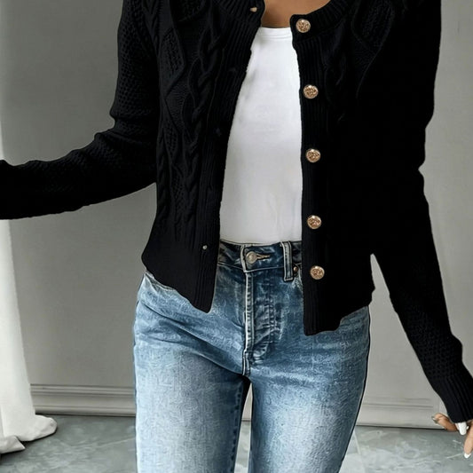 Cardigan Donna Corto a Trecce con Bottoni Dorati