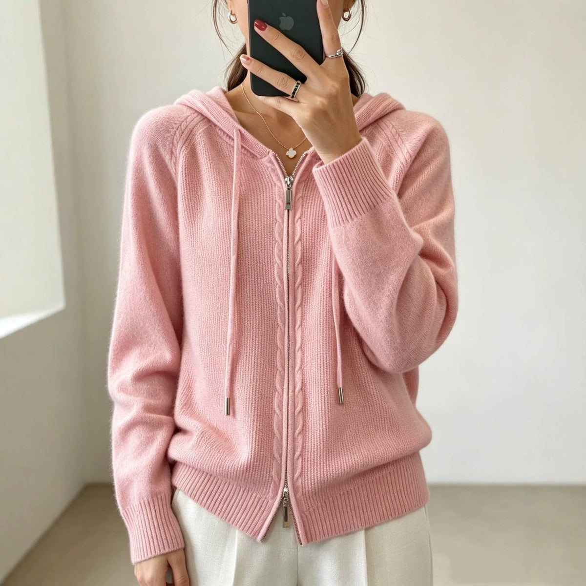 Cardigan Donna con Cappuccio e Zip - Maglia Fine e Polsini a Costine