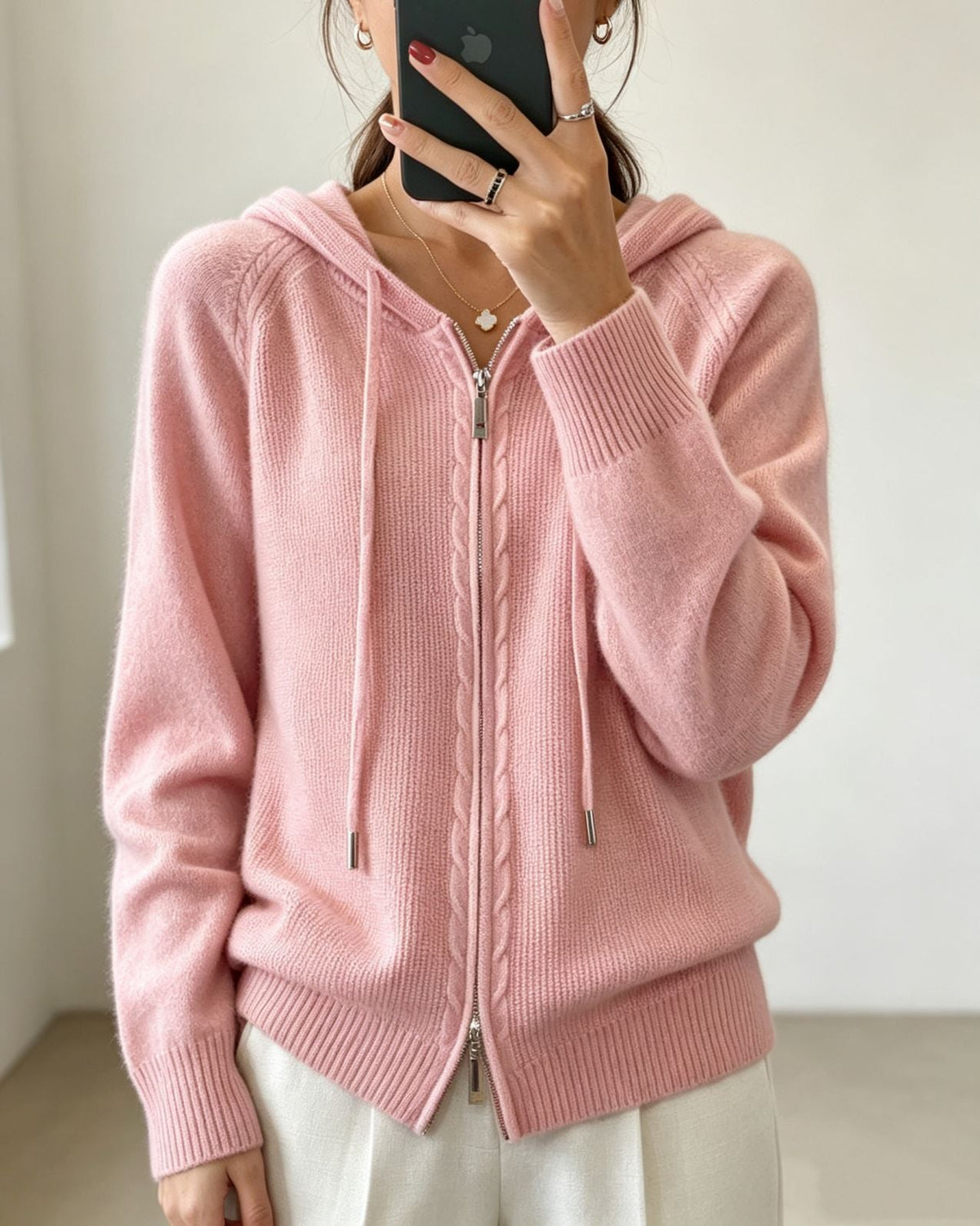 Cardigan Donna con Cappuccio e Zip - Maglia Fine e Polsini a Costine