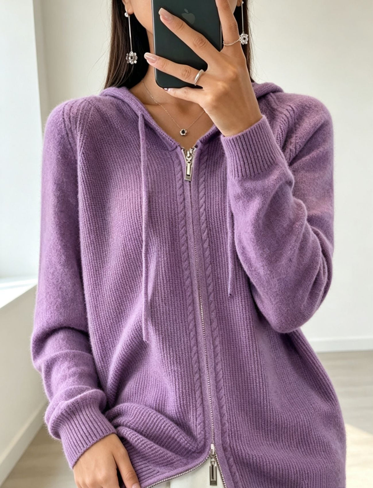 Cardigan Donna con Cappuccio e Zip - Maglia Fine e Polsini a Costine