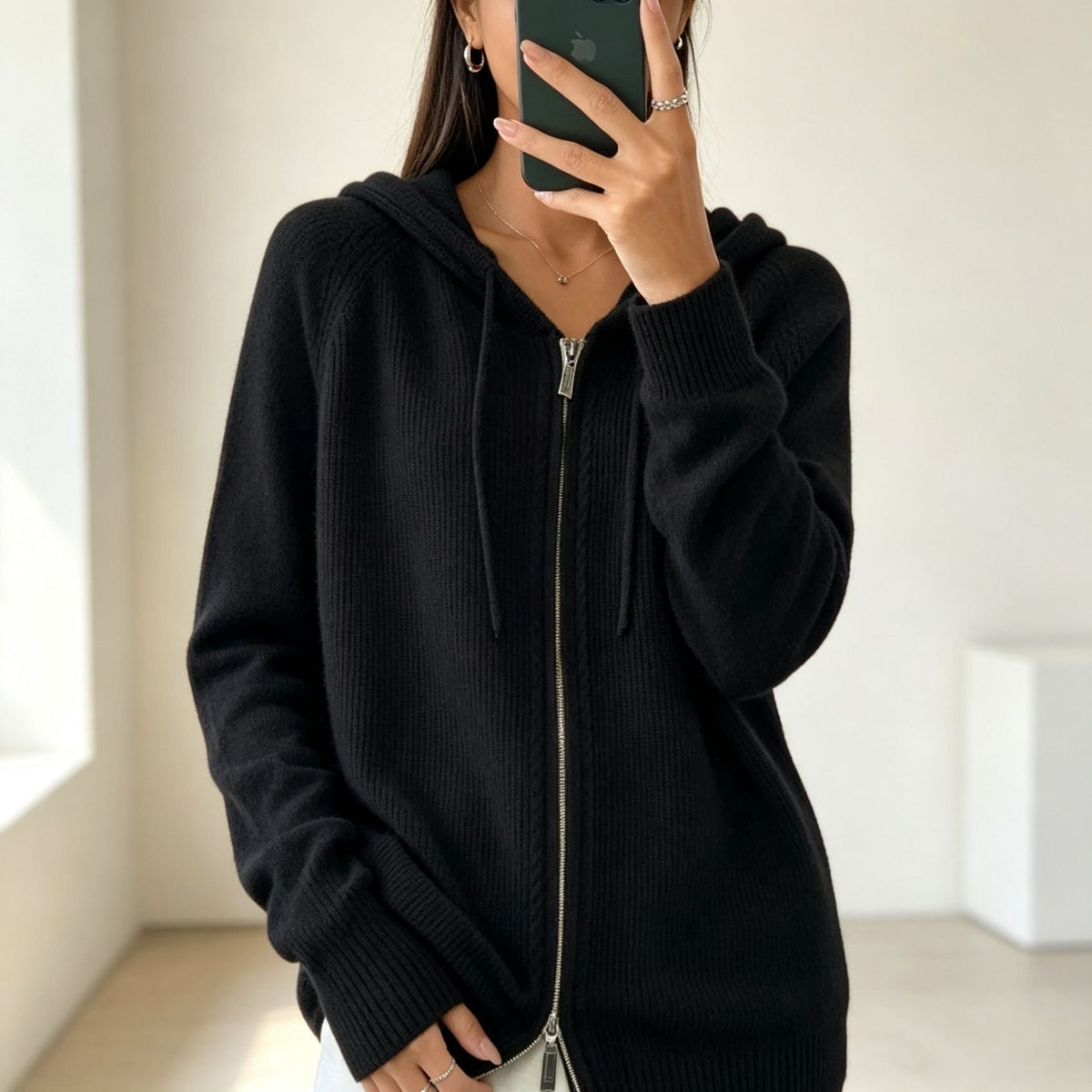 Cardigan Donna con Cappuccio e Zip - Maglia Fine e Polsini a Costine