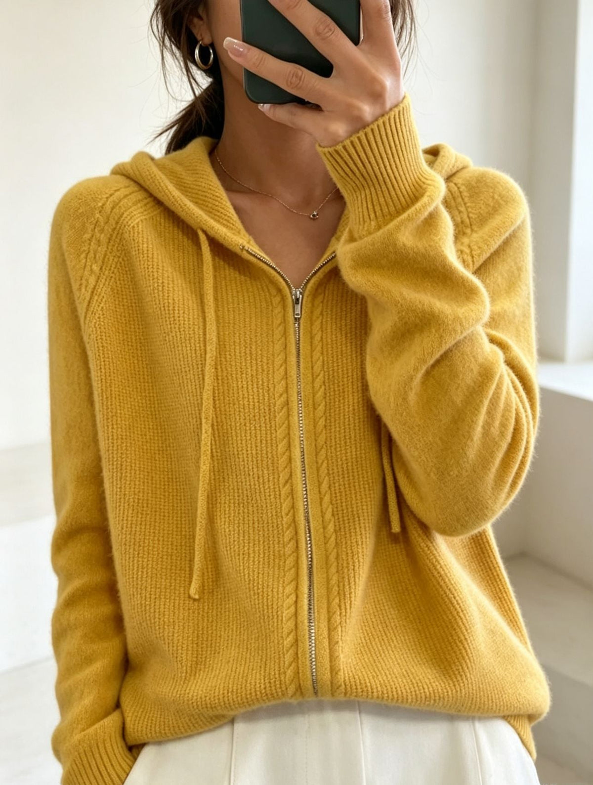 Cardigan Donna con Cappuccio e Zip - Maglia Fine e Polsini a Costine