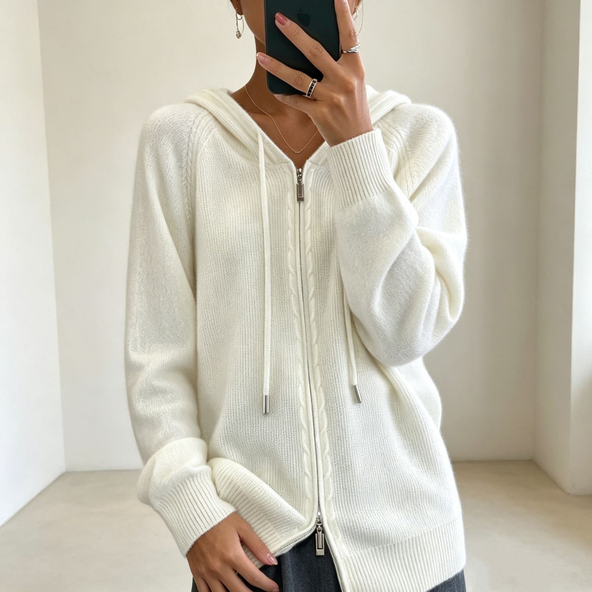 Cardigan Donna con Cappuccio e Zip - Maglia Fine e Polsini a Costine