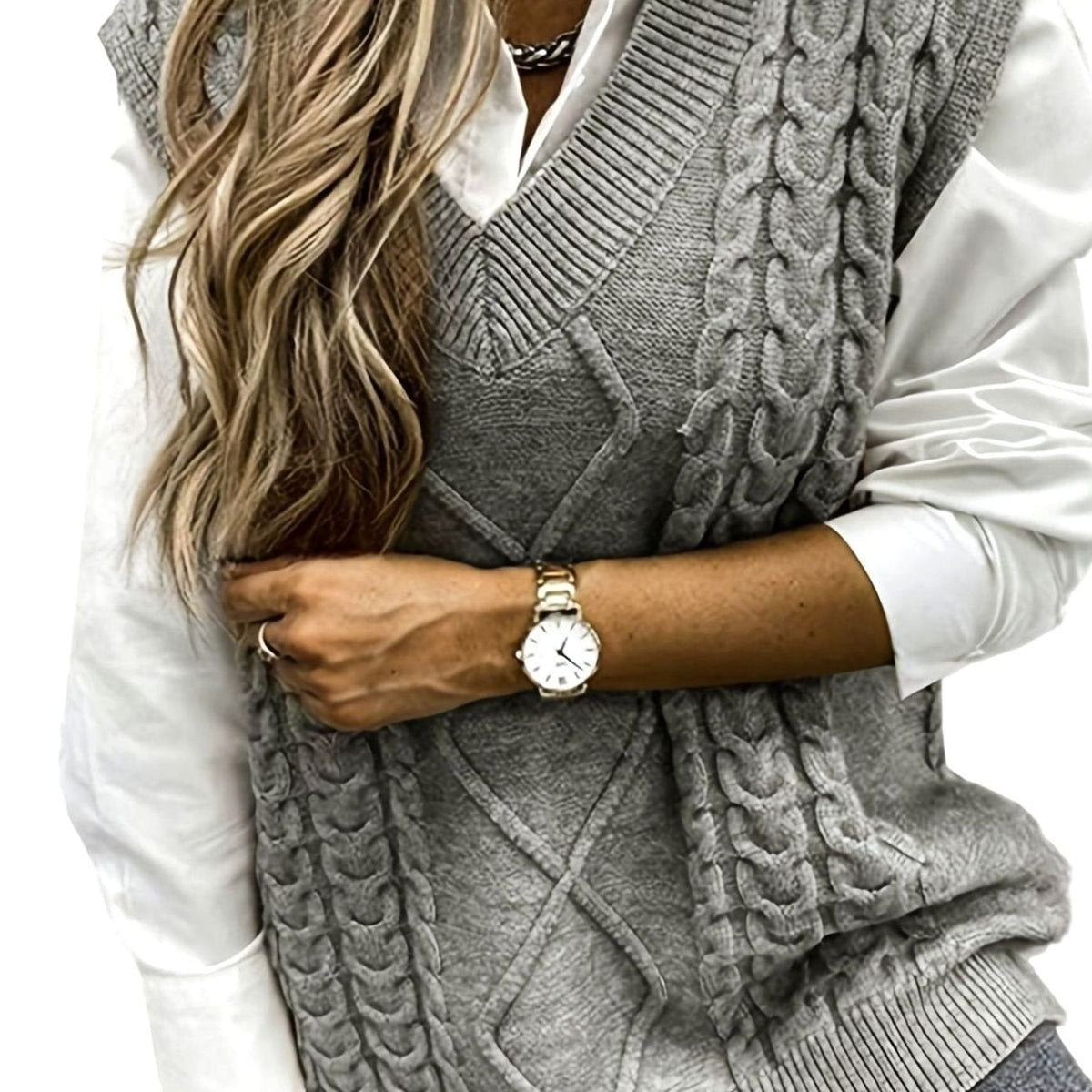 Gilet Donna in Tricot a Trecce con Scollo a V