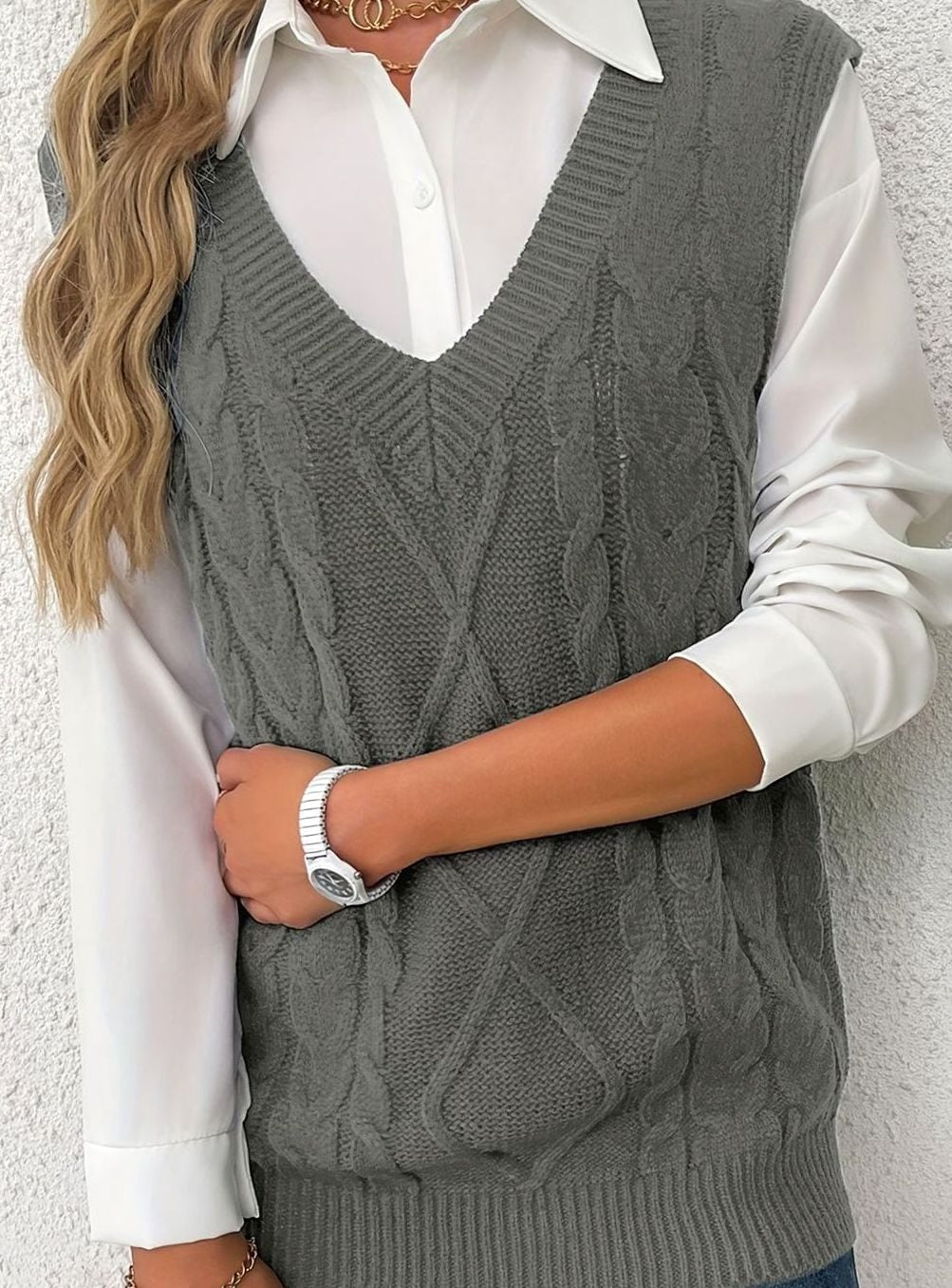 Gilet Donna in Tricot a Trecce con Scollo a V