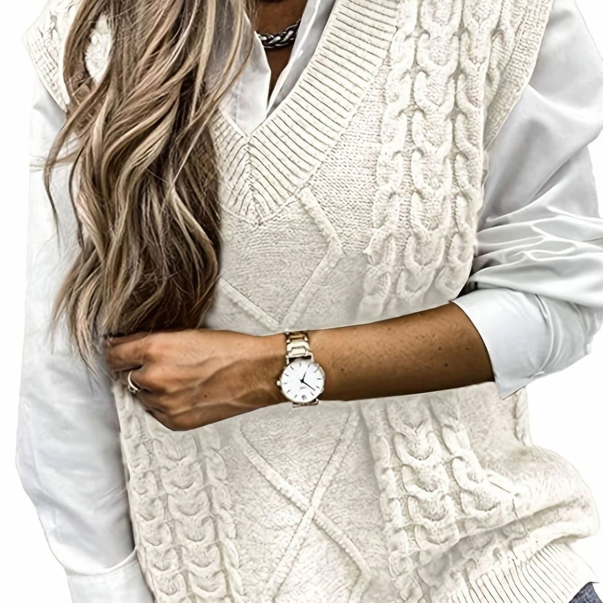 Gilet Donna in Tricot a Trecce con Scollo a V