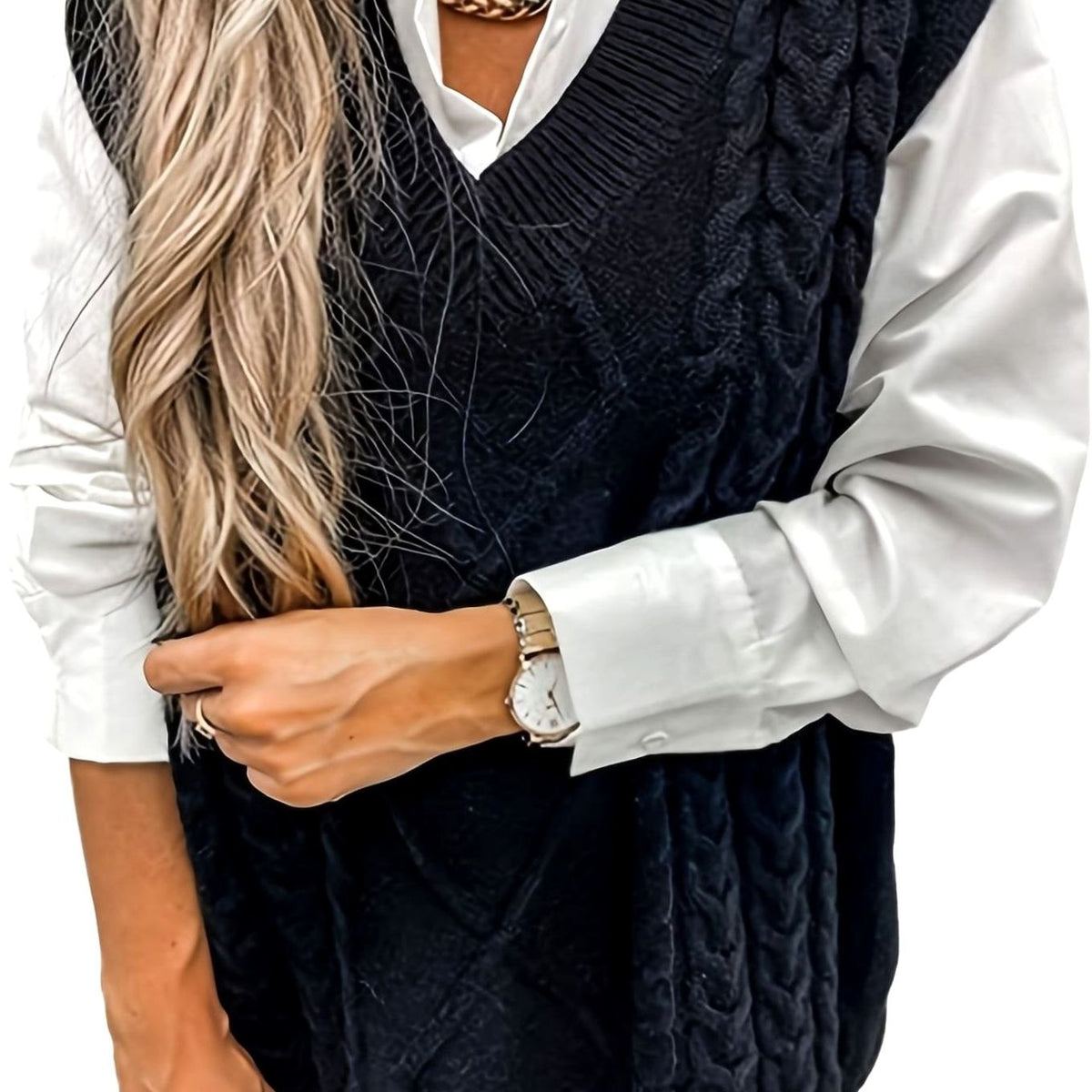 Gilet Donna in Tricot a Trecce con Scollo a V