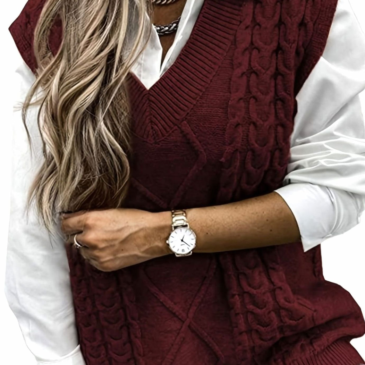 Gilet Donna in Tricot a Trecce con Scollo a V