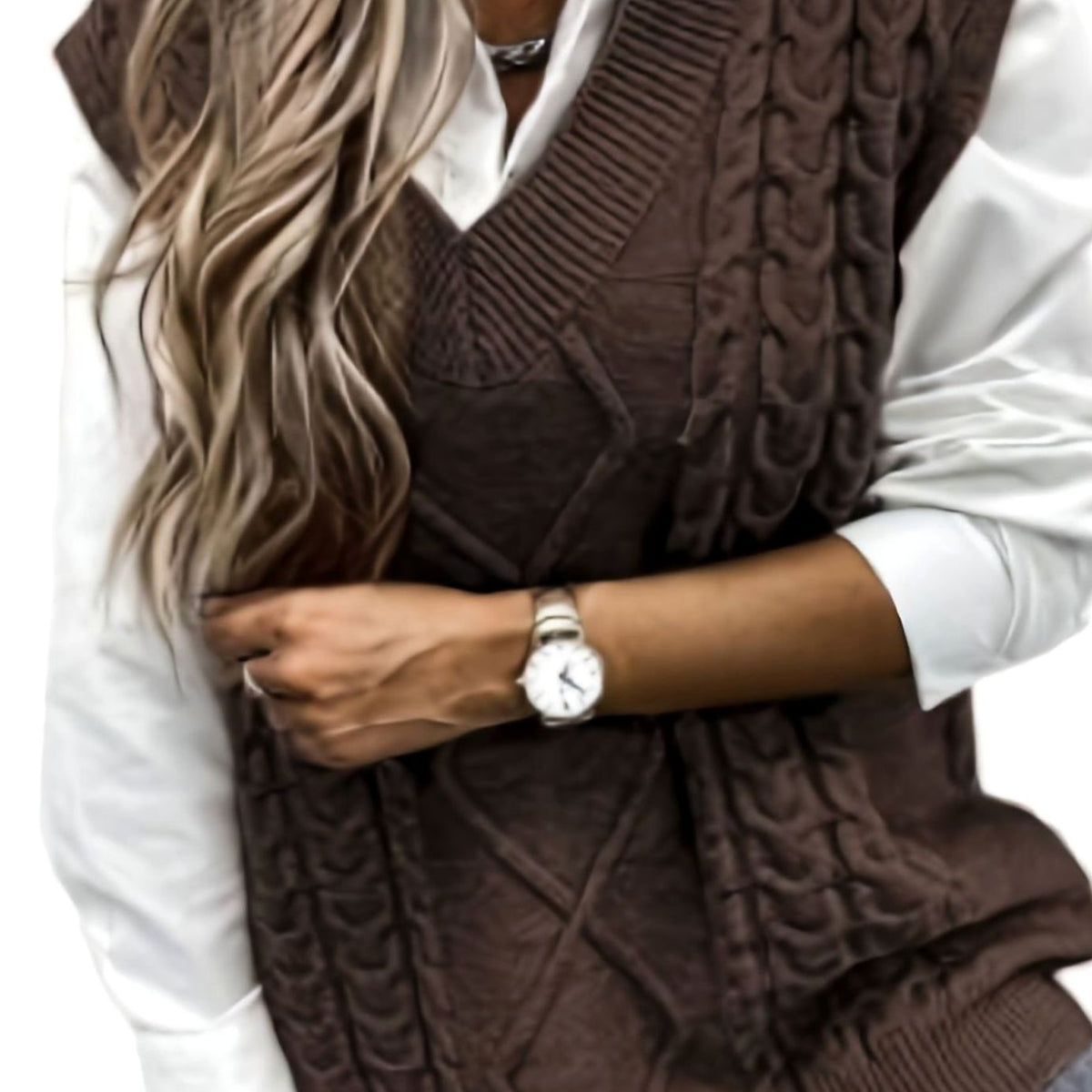 Gilet Donna in Tricot a Trecce con Scollo a V