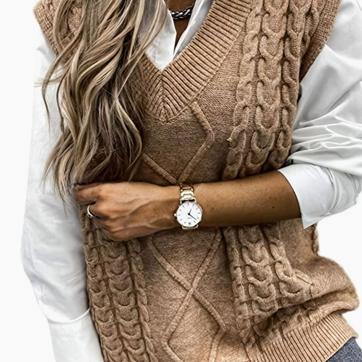 Gilet Donna in Tricot a Trecce con Scollo a V