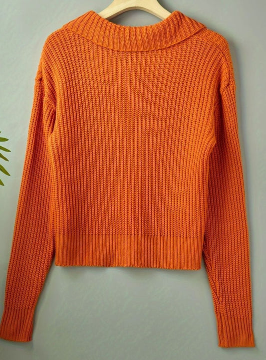 Maglione Donna in Maglia a Coste con Collo Risvoltato, Taglio Comodo