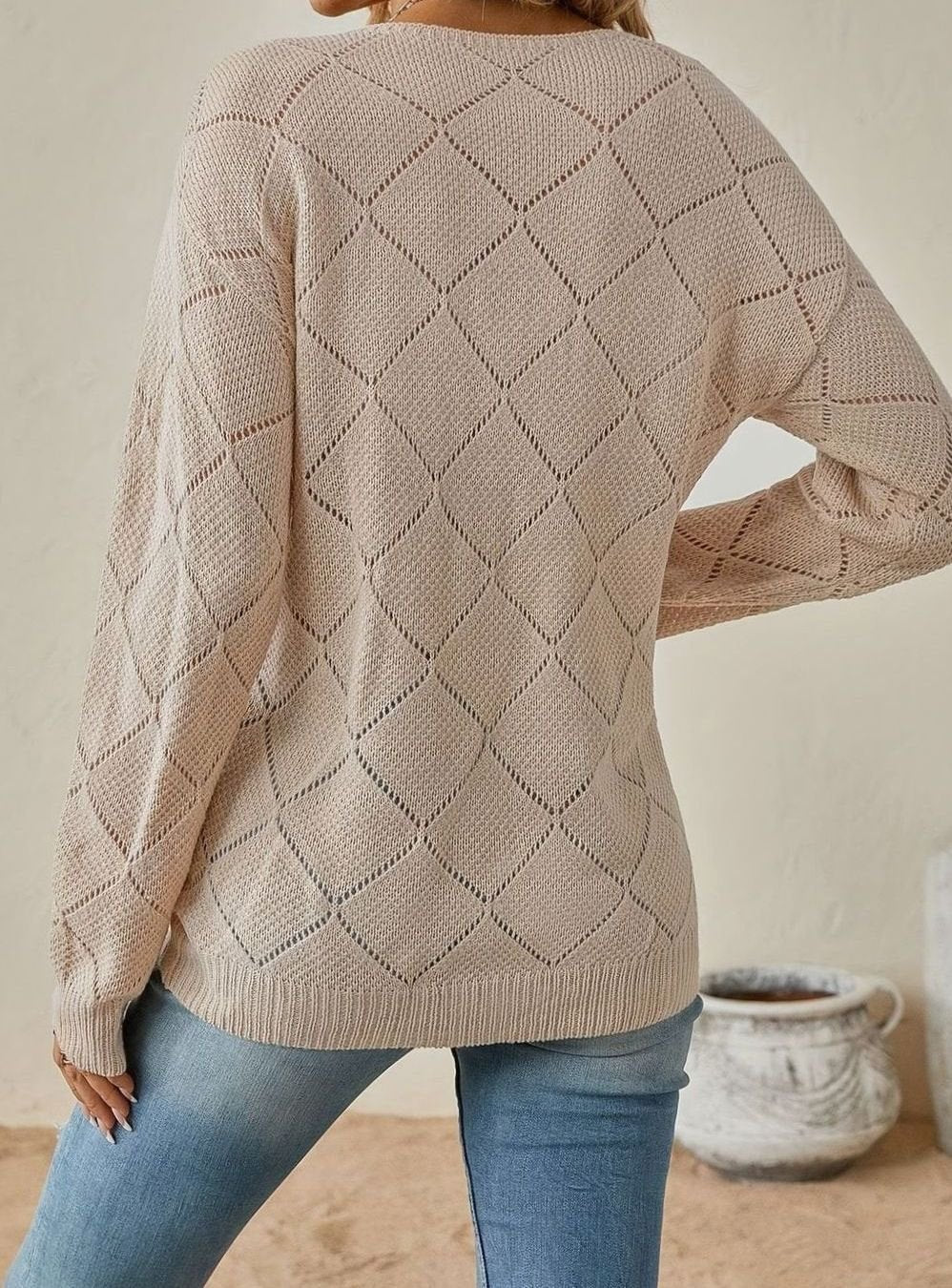 Maglione Donna Scollo a V Traforato a Rombi Maniche Lunghe