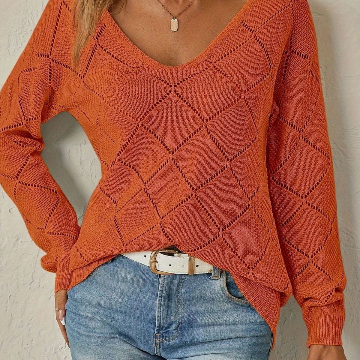 Maglione Donna Scollo a V Traforato a Rombi Maniche Lunghe