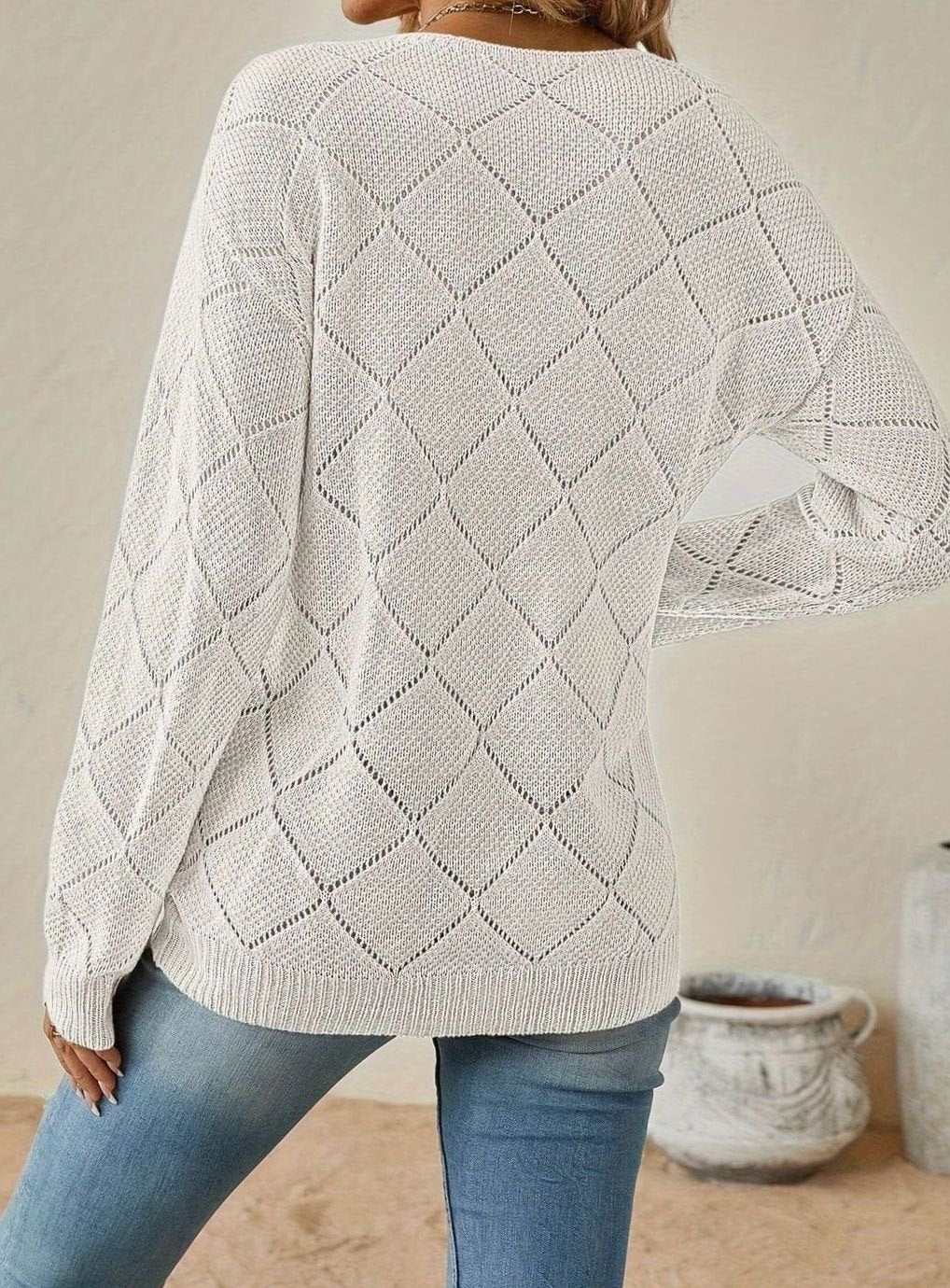 Maglione Donna Scollo a V Traforato a Rombi Maniche Lunghe