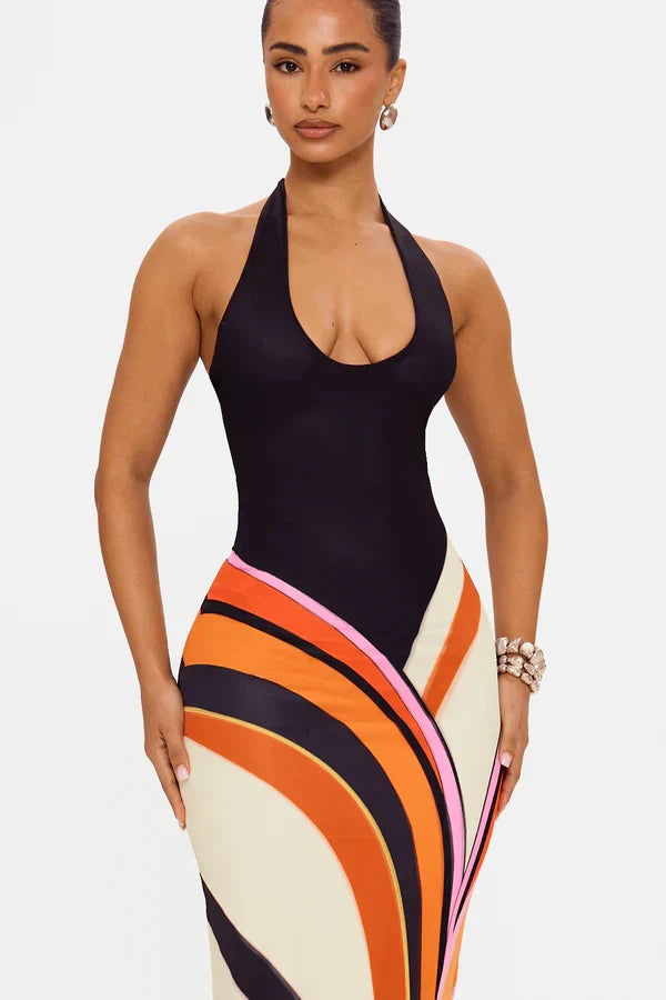 Vestito Elegante Donna Lungo in Raso Nero Senza Maniche