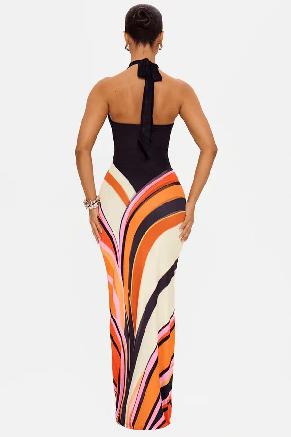 Vestito Elegante Donna Lungo in Raso Nero Senza Maniche