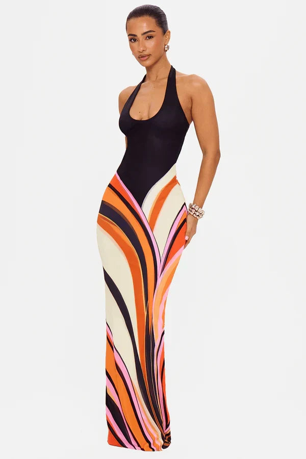 Vestito Elegante Donna Lungo in Raso Nero Senza Maniche
