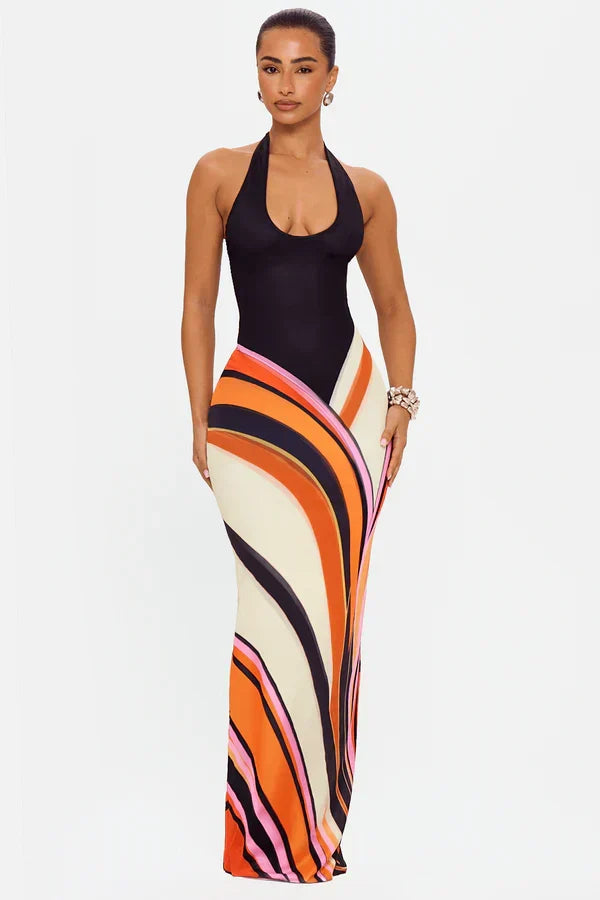 Vestito Elegante Donna Lungo in Raso Nero Senza Maniche