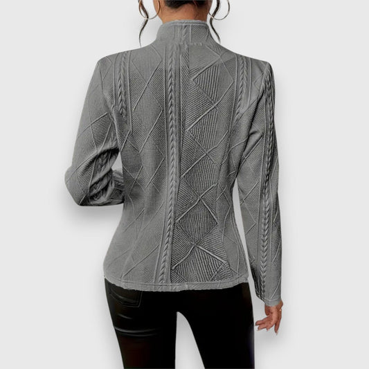 Scarlett women's cable-knit mock-neck long-sleeve fitted sweater by Christine Brewer, featuring a cozy knit pattern and snug fit.