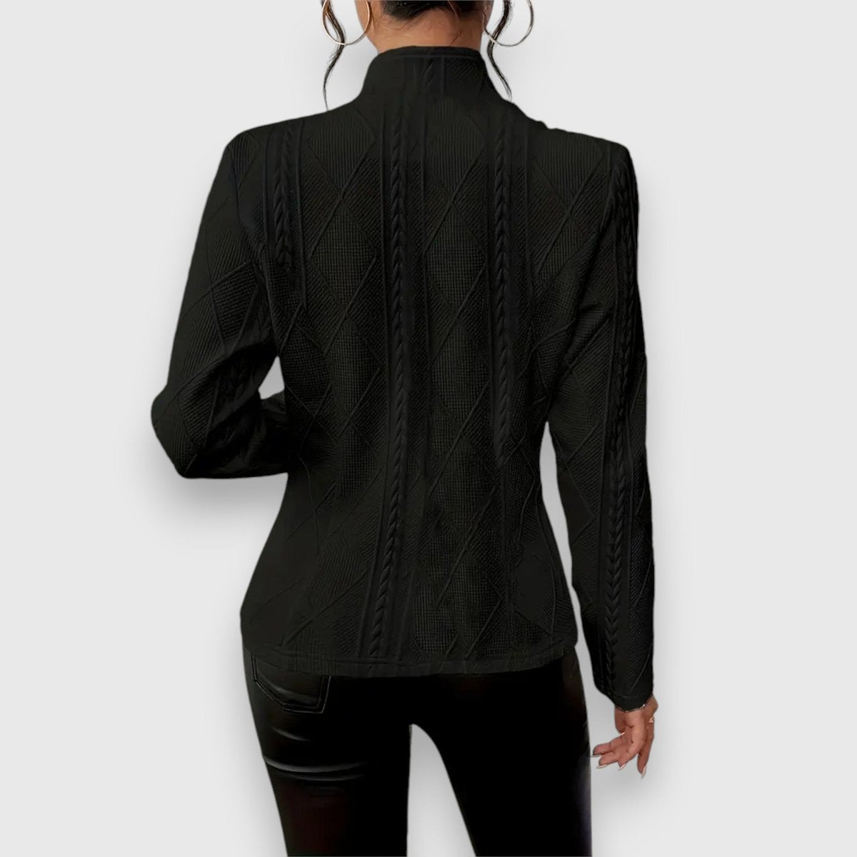 Scarlett women's cable-knit mock-neck long-sleeve fitted sweater by Christine Brewer, shown in a cozy knit design.