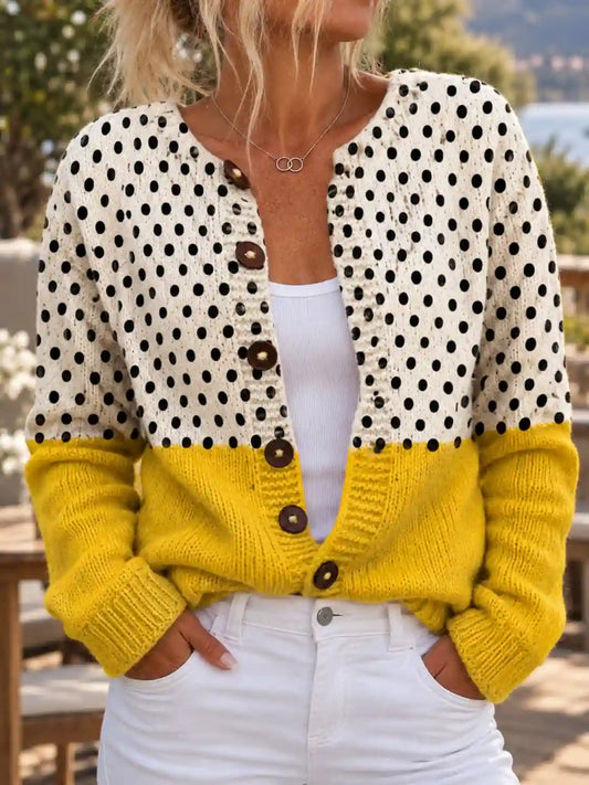 Cardigan Donna a Pois con Bottoni e Polsini a Costine