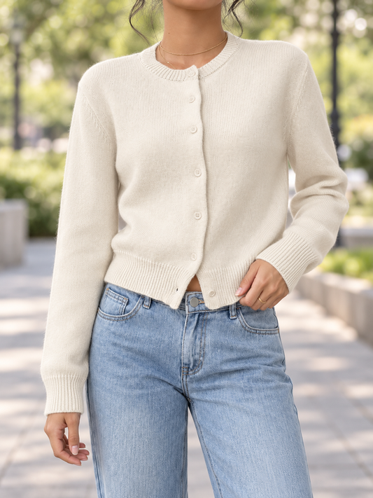 Cardigan Donna Girocollo Bottoni Frontali con Bordo a Costine