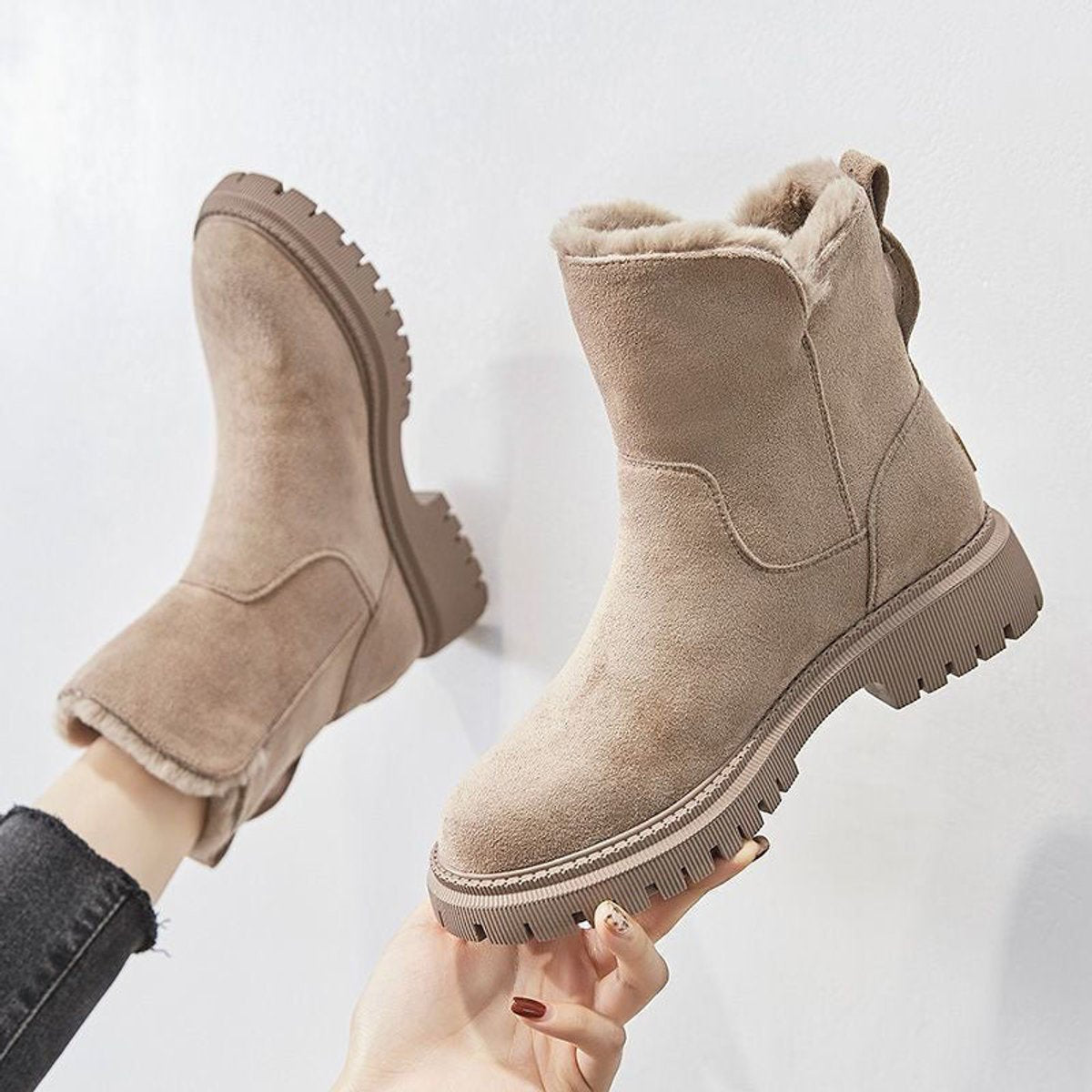 Women's Faux Suede Fleece-Lined Slip-On Ankle Boots - Beige