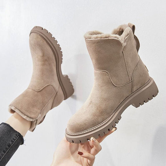 Women's Faux Suede Fleece-Lined Slip-On Ankle Boots - Beige