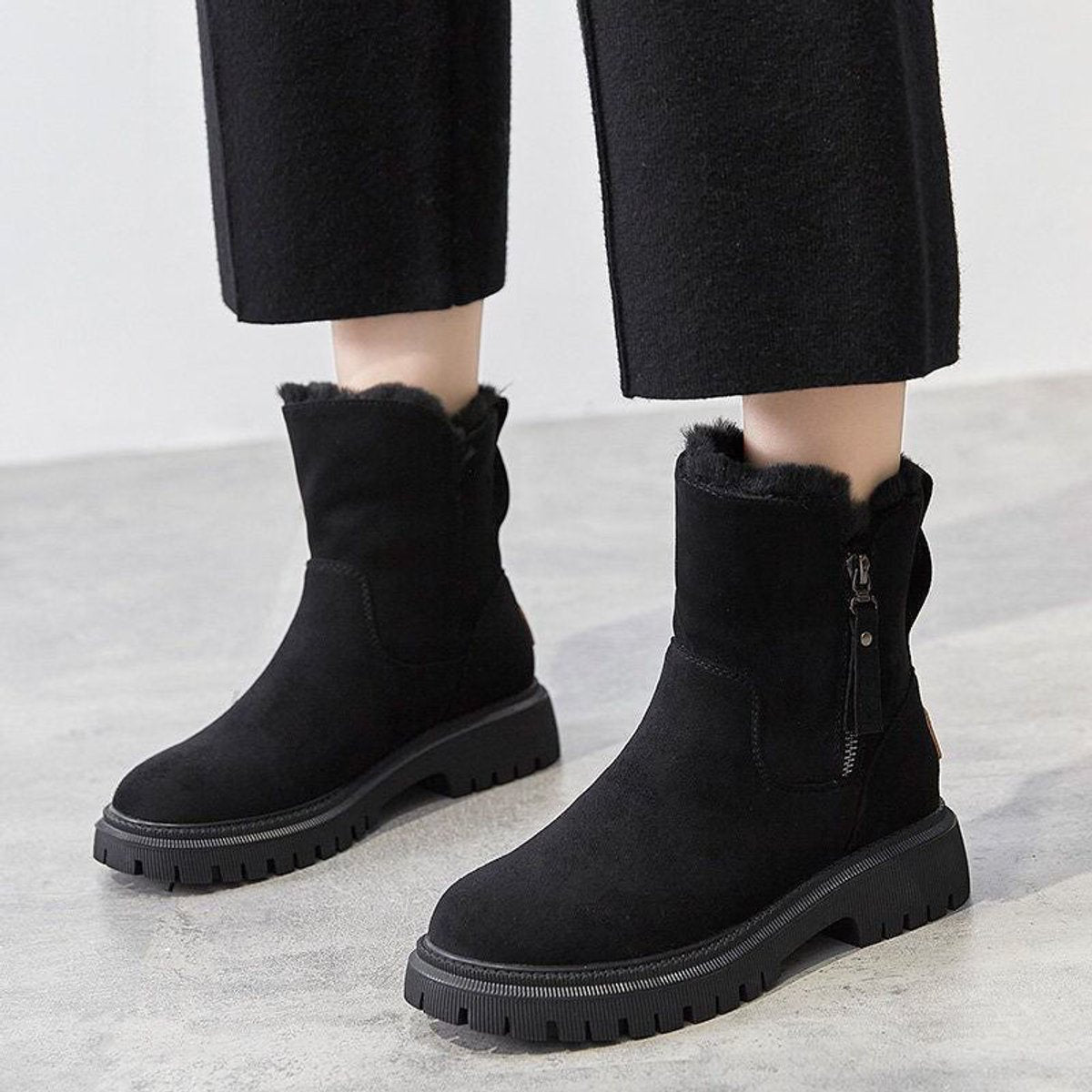 Women's Faux Suede Fleece-Lined Slip-On Ankle Boots - Black