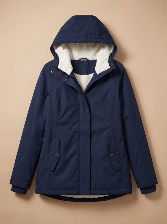 Women's Fleece-Lined Waterproof Hooded Zip-Up Jacket - Navy Blue