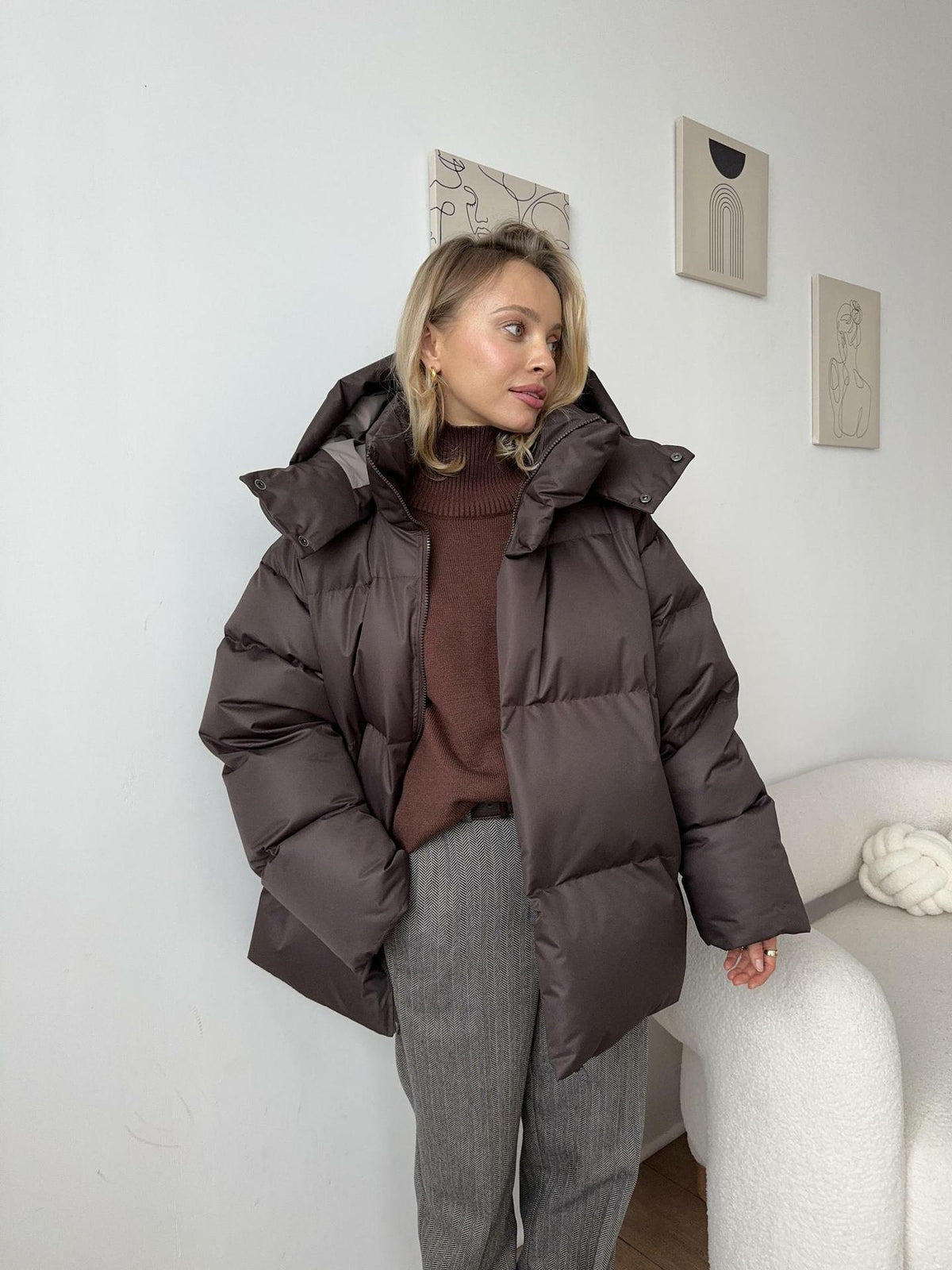 Piumino Donna Trapuntato con Cappuccio e Zip Frontale