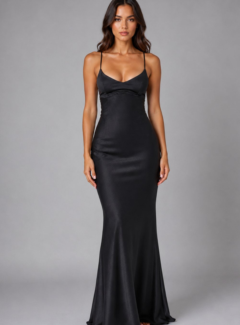Women's Satin-Feel Bias-Cut Open-Back Maxi Evening Gown - Black