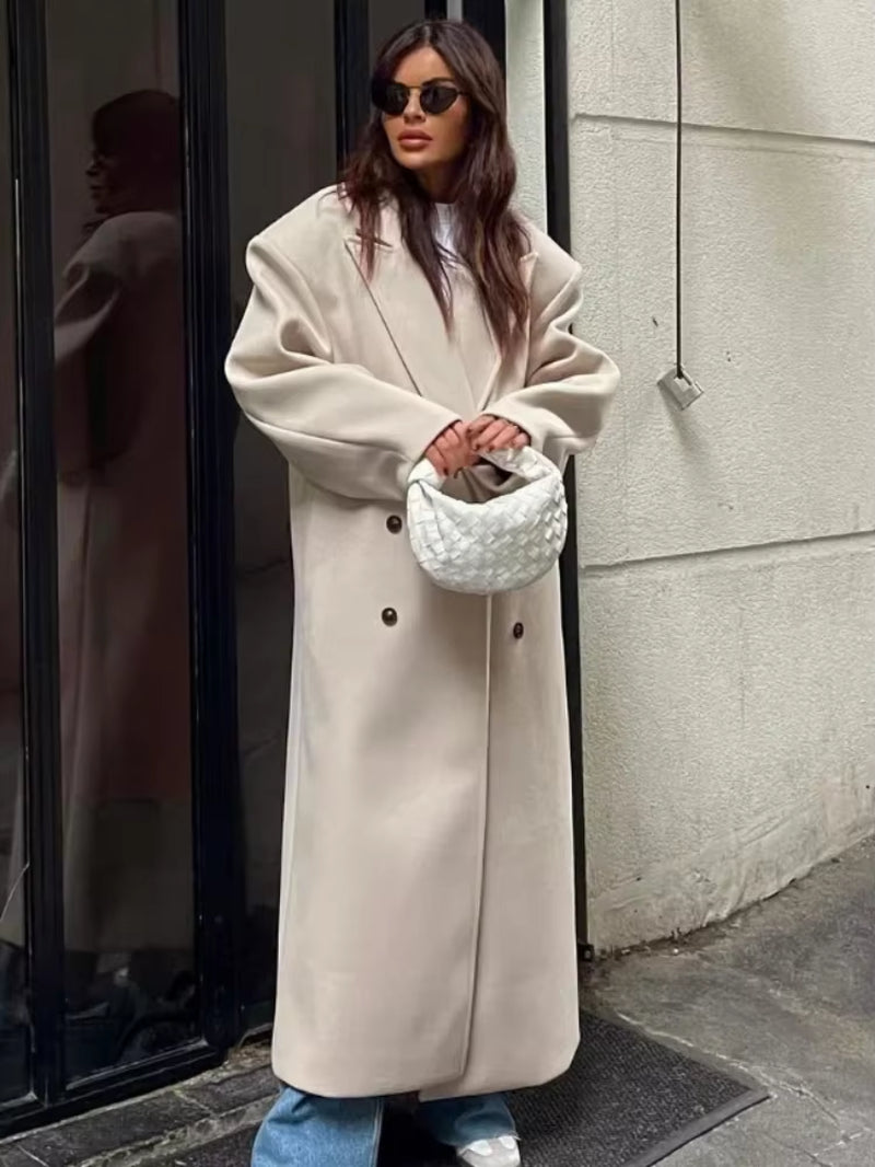 Cappotto Donna Lana Lungo Doppiopetto con Collo a Revers