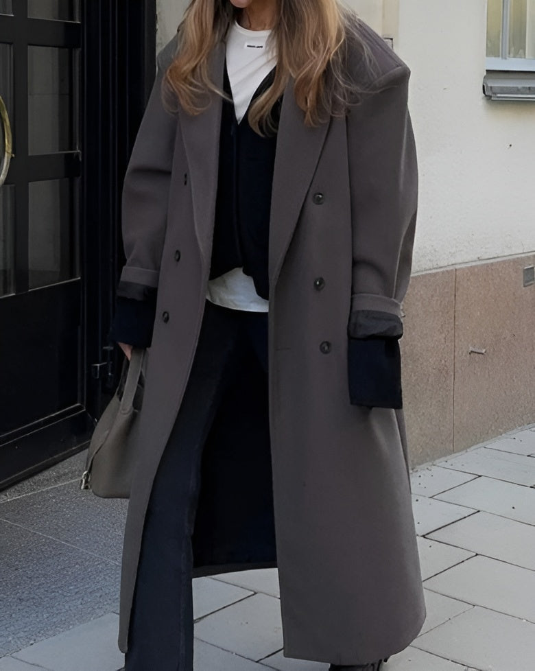 Cappotto Donna Lana Lungo Doppiopetto con Collo a Revers