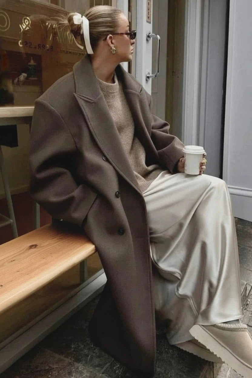 Cappotto Donna Lana Lungo Doppiopetto con Collo a Revers